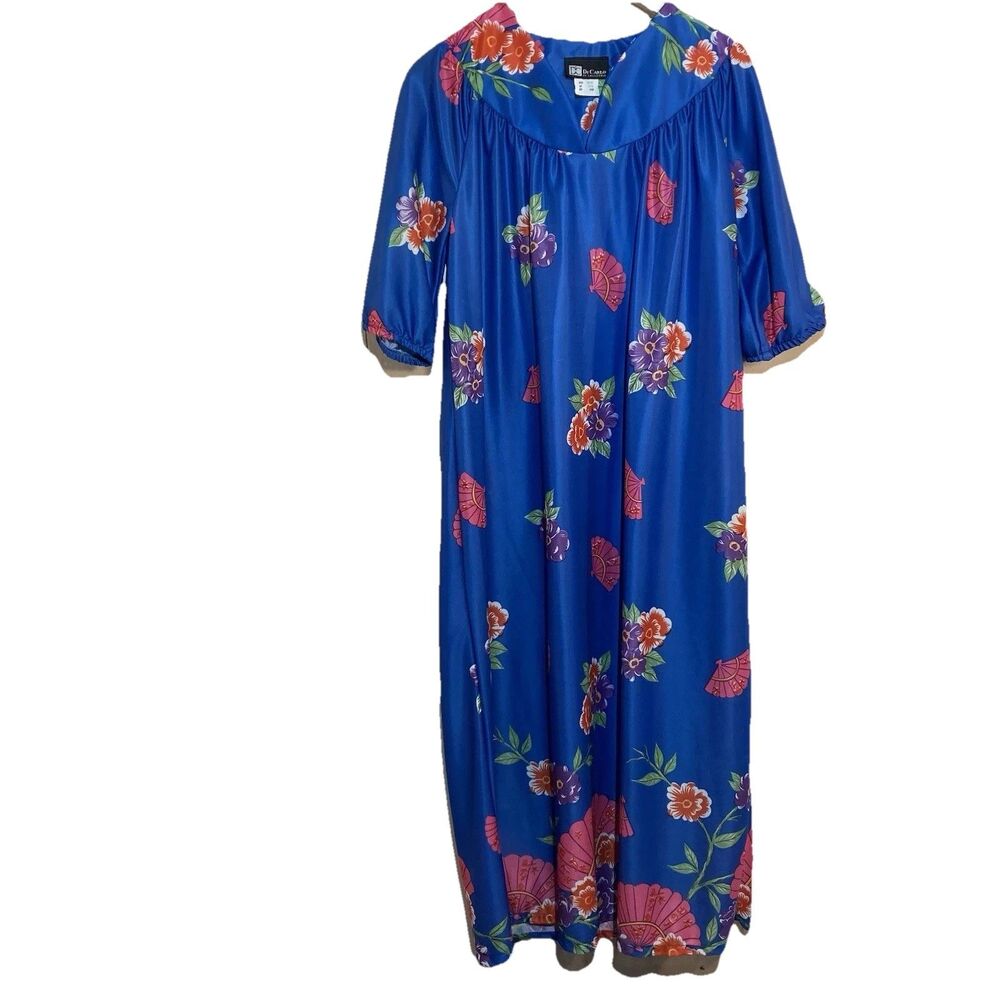 Vintage 1970s Asian Floral Pattern Satin Muumuu Blue Pink Maxi Housedress Sz L‎